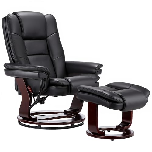 JC Home Argus Swivel Recliner with Ottoman, PU Leather & Wood Base Reclining Chair with Footrest, Ultra-Plush Double Foam for Living Room, Bedroom and Office