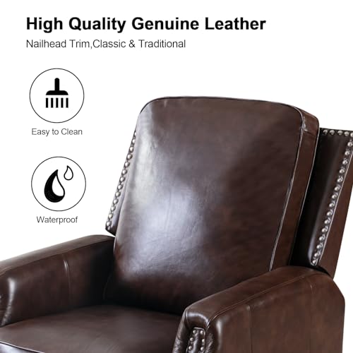 CANMOV Genuine Leather Recliner Chair Set of 2, Classic and Traditional Push Back Recliner Chair with Solid Wood Legs, Adjustable Single Sofa with Nailhead Trim for Living Room,Bedroom, Reddish Brown