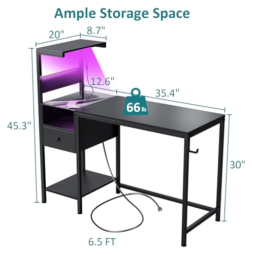48 inch Reversible Gaming Desk with LED Lights & Power Outlets, Computer Desk with Storage Shelves & Drawer, Home Office Desk with CPU Stand, Black
