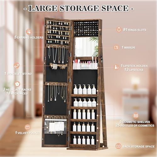 Jewelry Cabinet with Full-Length Mirror, Lockable Jewelry Armorie Standing with Inside Makeup Mirror, Space-Saving Jewelry Storage Organizer, Brown