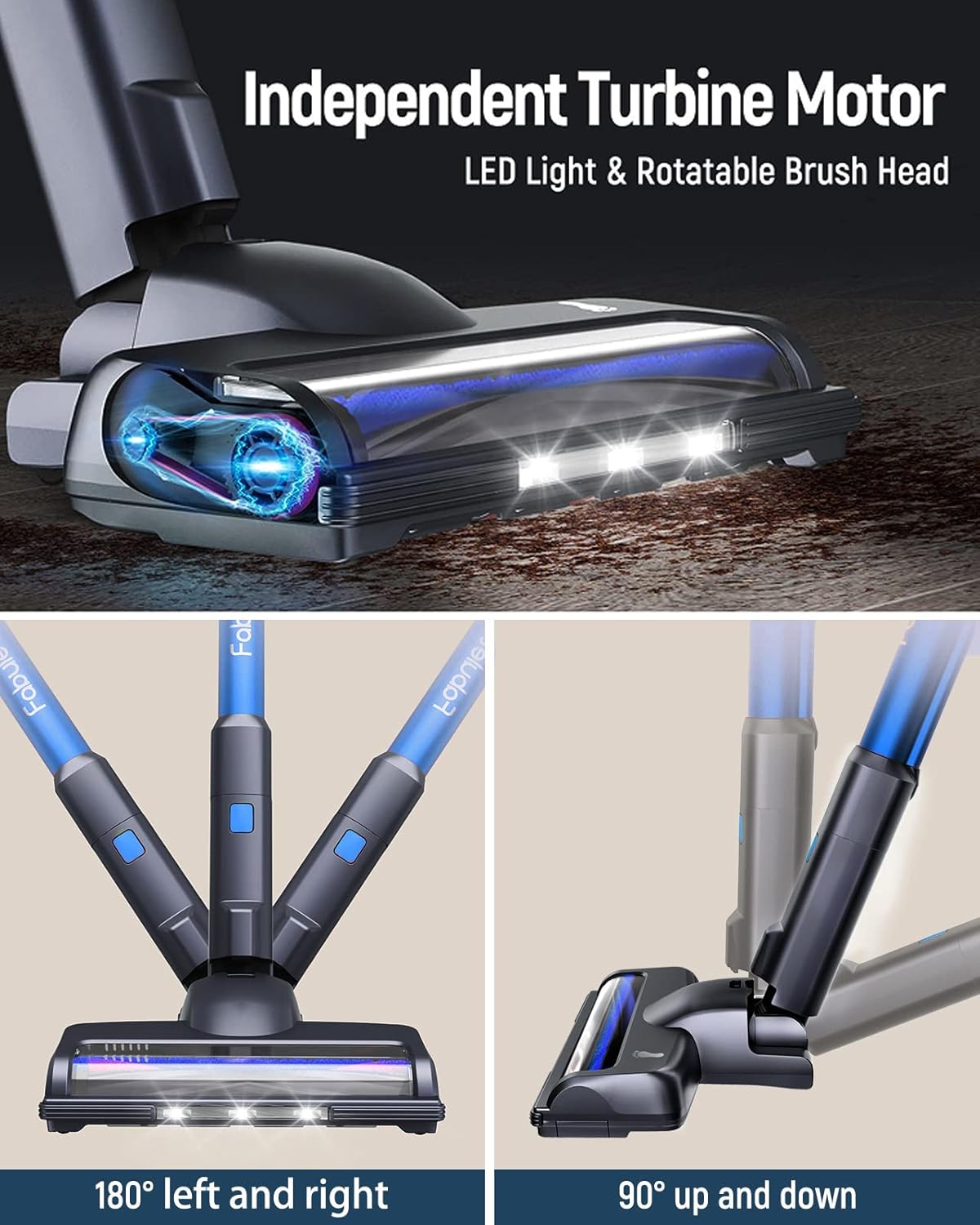 Fabuletta Cordless Stick Vacuum Cleaner, 24Kpa 250W Strong Suction, 6-in-1 Rechargeable Vacuum Cordless, 45 Min Max Runtime LED Display, Lightweight Carpet Hard Floor Vacuum for Pet Hair Home Car,Blue