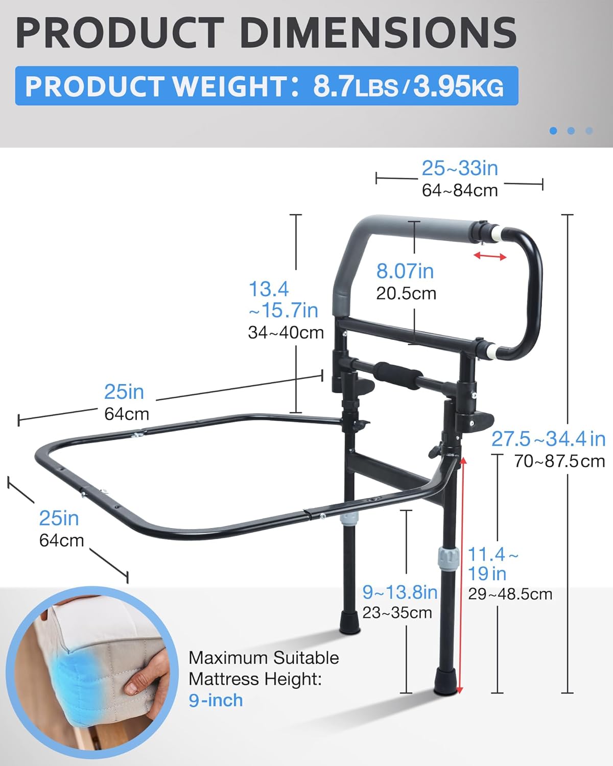 Heavy Duty Bed Rail for Senior & Elderly and People Falling Out of Bed - Foldable Bed Assist Handle - 504E