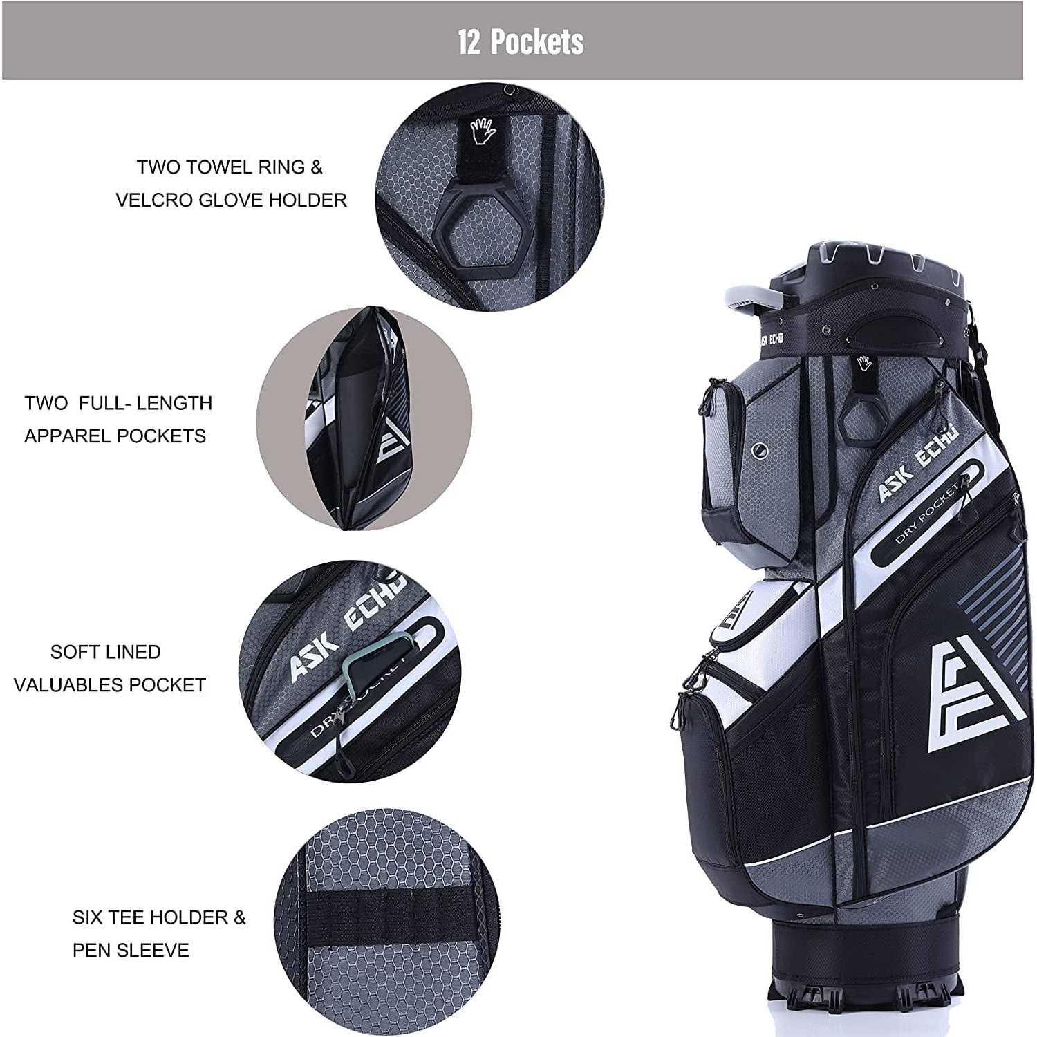 ASK ECHO T-Lock Golf Cart Bag with 14 Way Organizer Divider Top, Premium Cart Bag with Handles and Rain Cover for Men - Sports Supplies Online Store