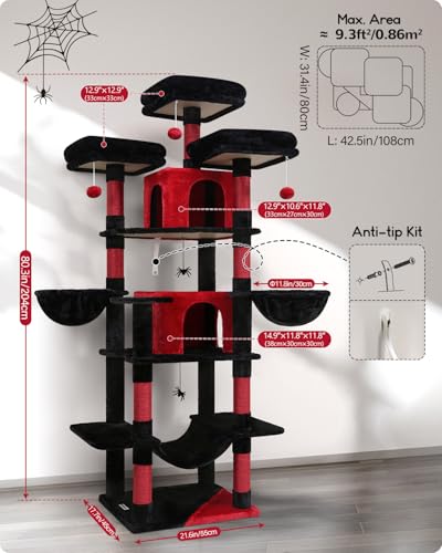Globlazer Big Cat Tower for Indoor Cats, 80inch Cat Tower for Multiple Adult Cats XXL Cat Tree with Scratching Post, Hammock, 3 Perches, 2 Condos, 2 Hanging Basket, F80, Light Grey
