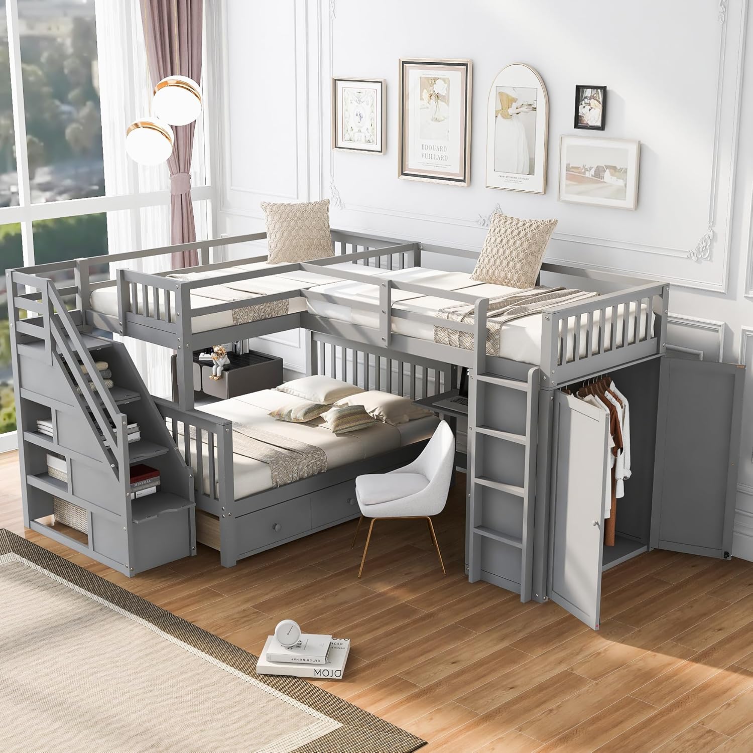 Twin Over Twin Over Full Triple Bunk Bed with Stairs Storage, Portable Desk, Wardrobe and 3 Drawers, L-Shaped Stairway Wooden Bunkbeds, for Kids Teens Adults, Bedroom/Dorm Furniture, Gray