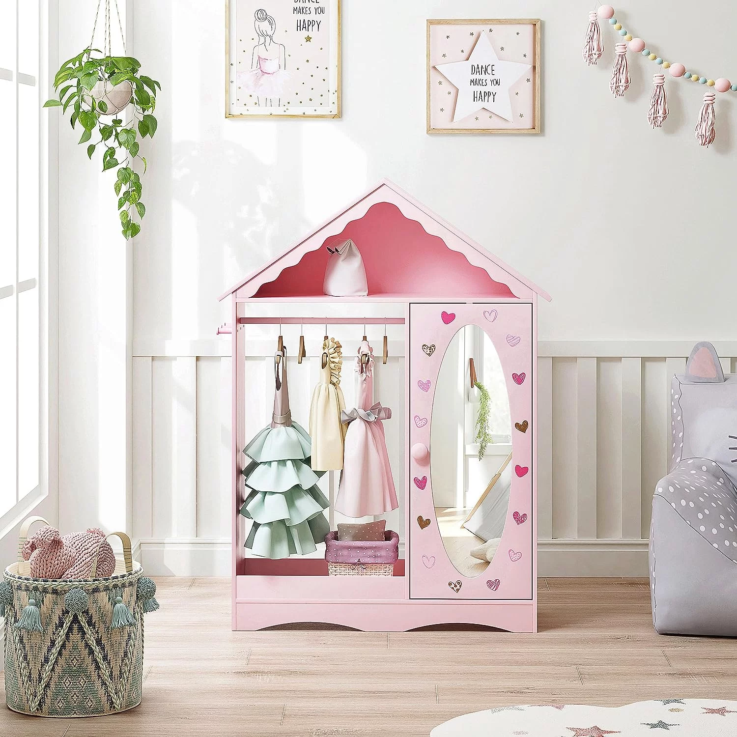 UTEX Kids Dress Up Storage with Mirror, Kids Wardrobe Closet, Dress Up Armoire for Little Girls, Open Hanging Kids Costume Organizer with 3 Adjustable Shelves for Bedroom, Playroom