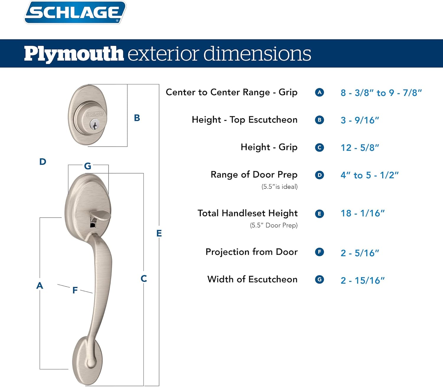 Schlage F60 V PLY 505 FLA 605 Plymouth Front Entry Handleset with Flair Lever, Deadbolt Keyed 1 Side, Bright Brass