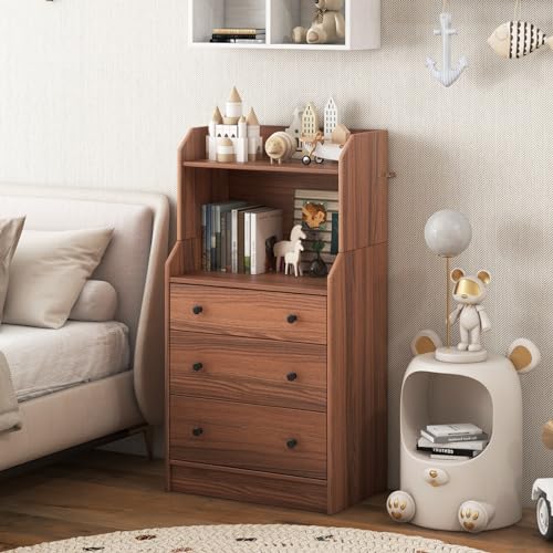 LOKO 3 Drawers Dresser with Shelves, Tall Nightstand with 2 Open Shelves, Modern Chest of Drawers with Anti-Toppling Device, Utility Storage Dresser for Living room, Bedroom, Closet, Entryway (Walnut)