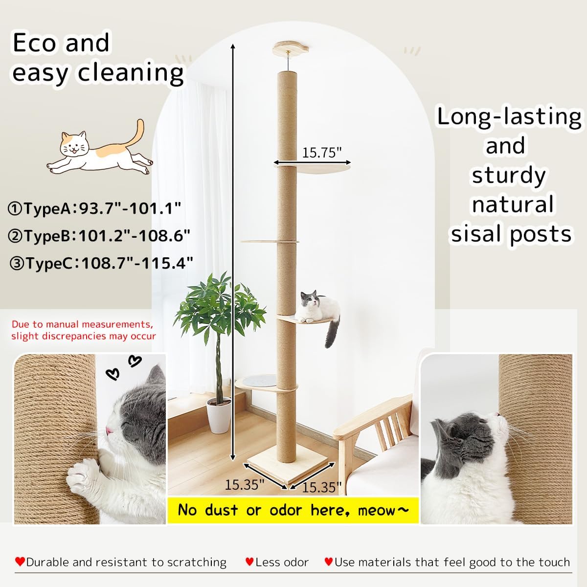 Cat Climbing Tower, Floor-to-Ceiling, Natural Sisal Rope Scratching Post, 93.7-101.1Inch, 101.2-108.6Inch, 108.7-115.4Inch
