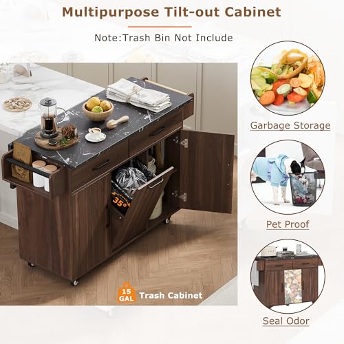 Kitchen Island With Large Drop Leaf, Rolling Kitchen Island On Wheels With Adjustable Shelf, Wood Kitchen Cart With Trash Can Storage Cabinet, Spice Rack, Towel Rack And Two Drawers (Walnut Brown-03)