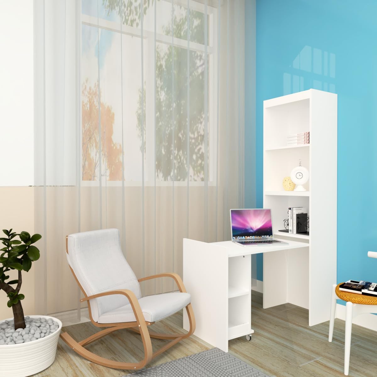 Queen Size Vertical Murphy Bed with Desk, Shelf and Drawers, Modern Folding Hidden Bed Gas Struts, Wall Bed for Bedroom or Guestroom, White
