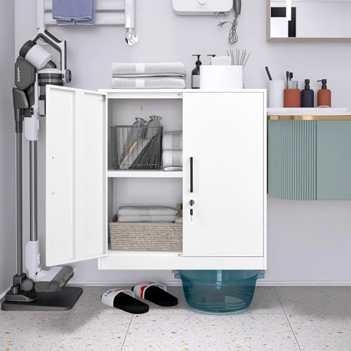 GREATMEET Metal Wall Cabinet, Wall Mount Metal Cabinet for Garage Storage, Locking Cabinet with Doors and Adjustable Shelf, Steel White Cabinet for Utility Room, Garage