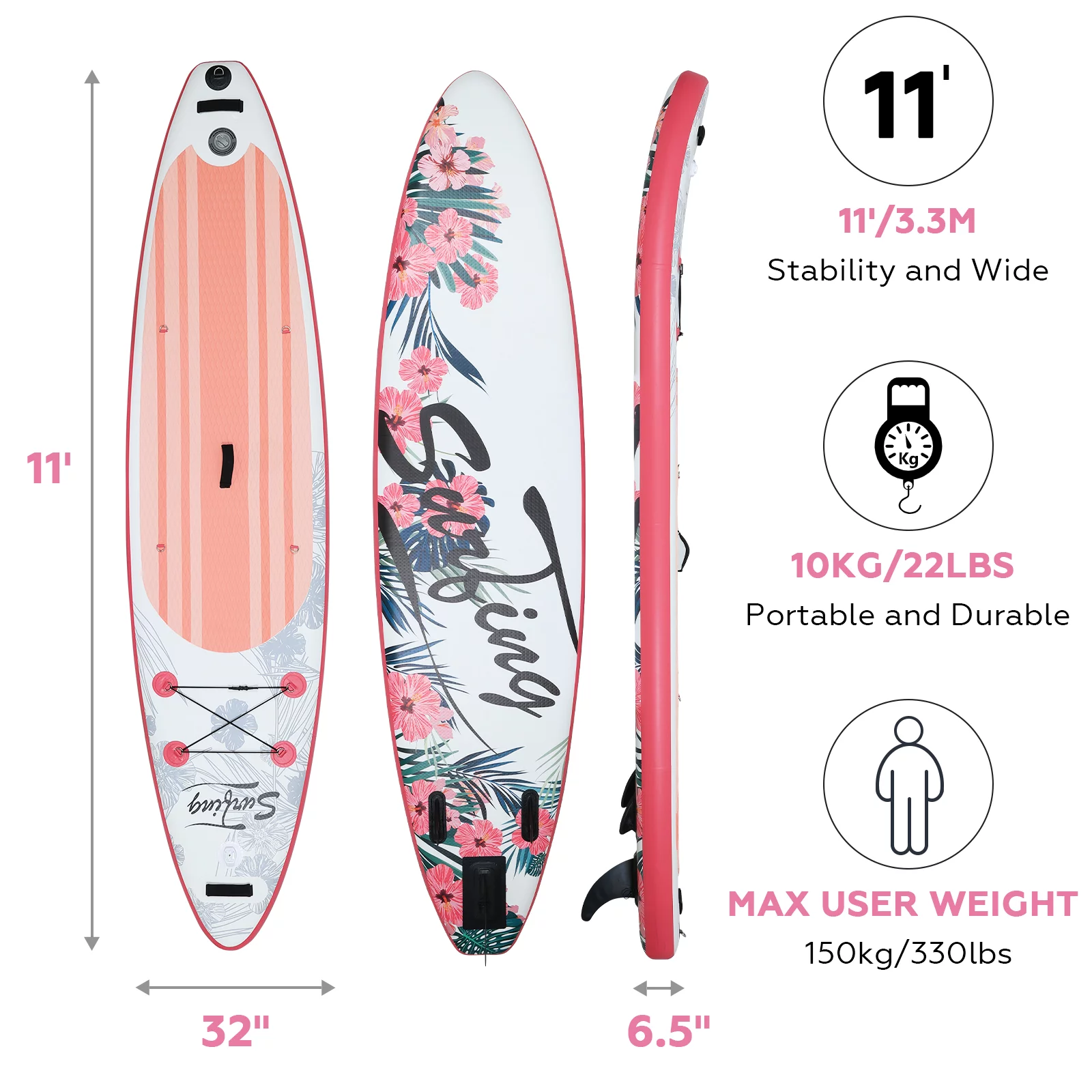 ELECWISH 11 Ft Inflatable Stand Up Paddle Board with Kayak Seat, Non-Slip Deck SUP Paddle Board with Premium Kayak and SUP Accessories & Backpack, Pink Flower