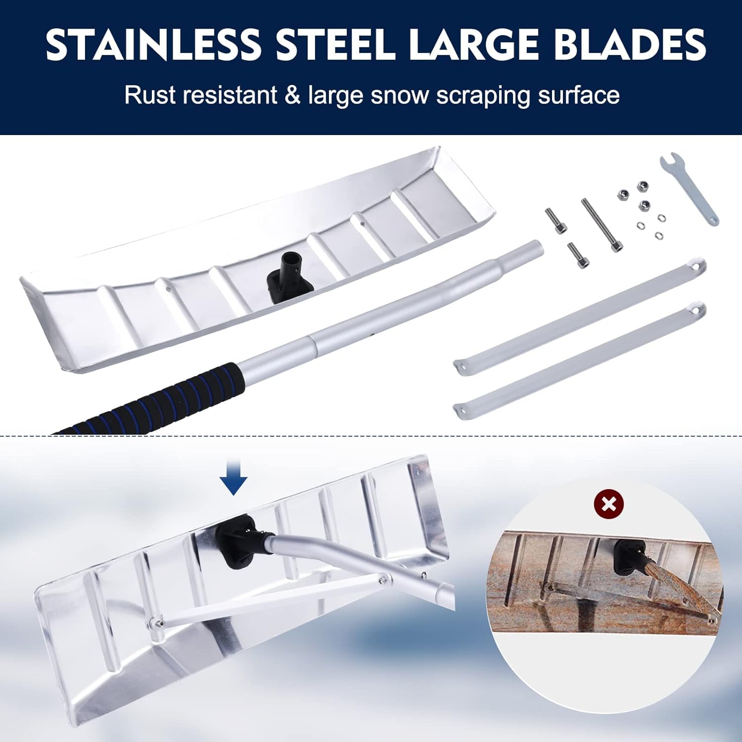 Snow Roof Rake for Snow Removal, 4.78’-19.88’ Extendable Aluminum Snow Rake for House Roof, Time-Saving Lightweight Roof Snow Removal Tool with 25" Blade, 5-Section Tubes for Roof Snow, Wet Leaves Pack of 2