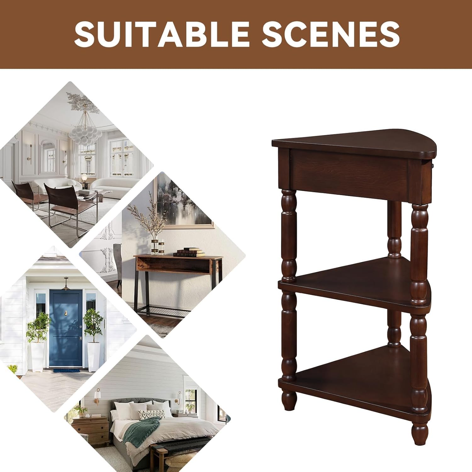 Classical Triangle Corner Table, Wood Corner Side Table with 1 Storage Drawer, 3 Tier End Corner Table with Solid Wood Legs for Small Spaces, Living Room,Bedroom, Light Espresso