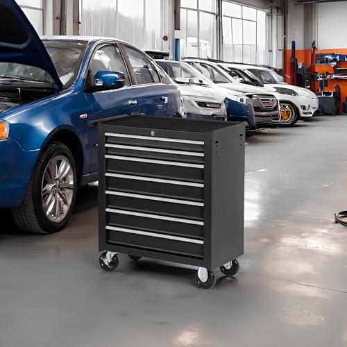 7-Drawer Rolling Tool Chest with Wheels, Heavy Duty Steel Tool Cart for Garage & Workshop, Lockable Storage Cabinet with Brake Casters & Ball Bearing Drawers, Black