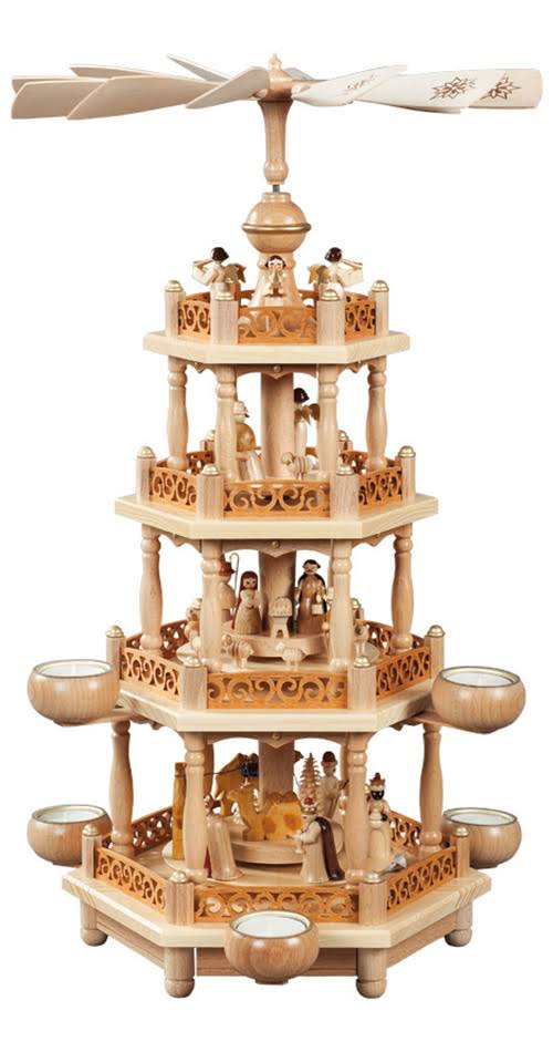 German Christmas Pyramid Nativity Scene, 3-tier, Height 55 cm / 22 inch, Natural with Tealights, Original Erzgebirge by Richard