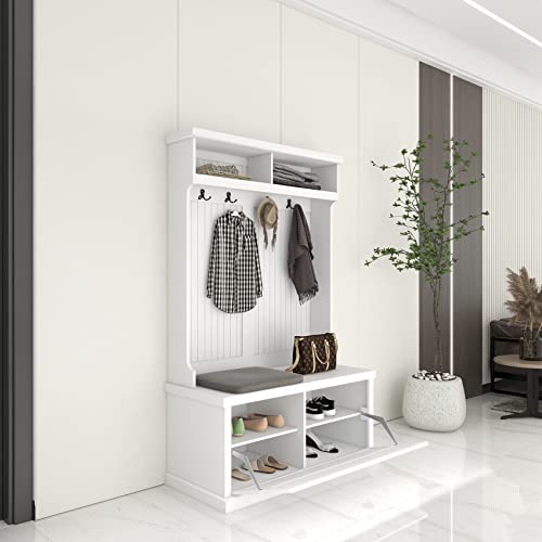 BNSPLY Hall Tree with Bench and Shoe Storage, 3 in 1 Entryway Bench with Coat Rack, Mudroom Bench with 4 Double Hooks, Entryway Furniture for Hallway (White, 40" L x 18.5" W x 64.6" H)