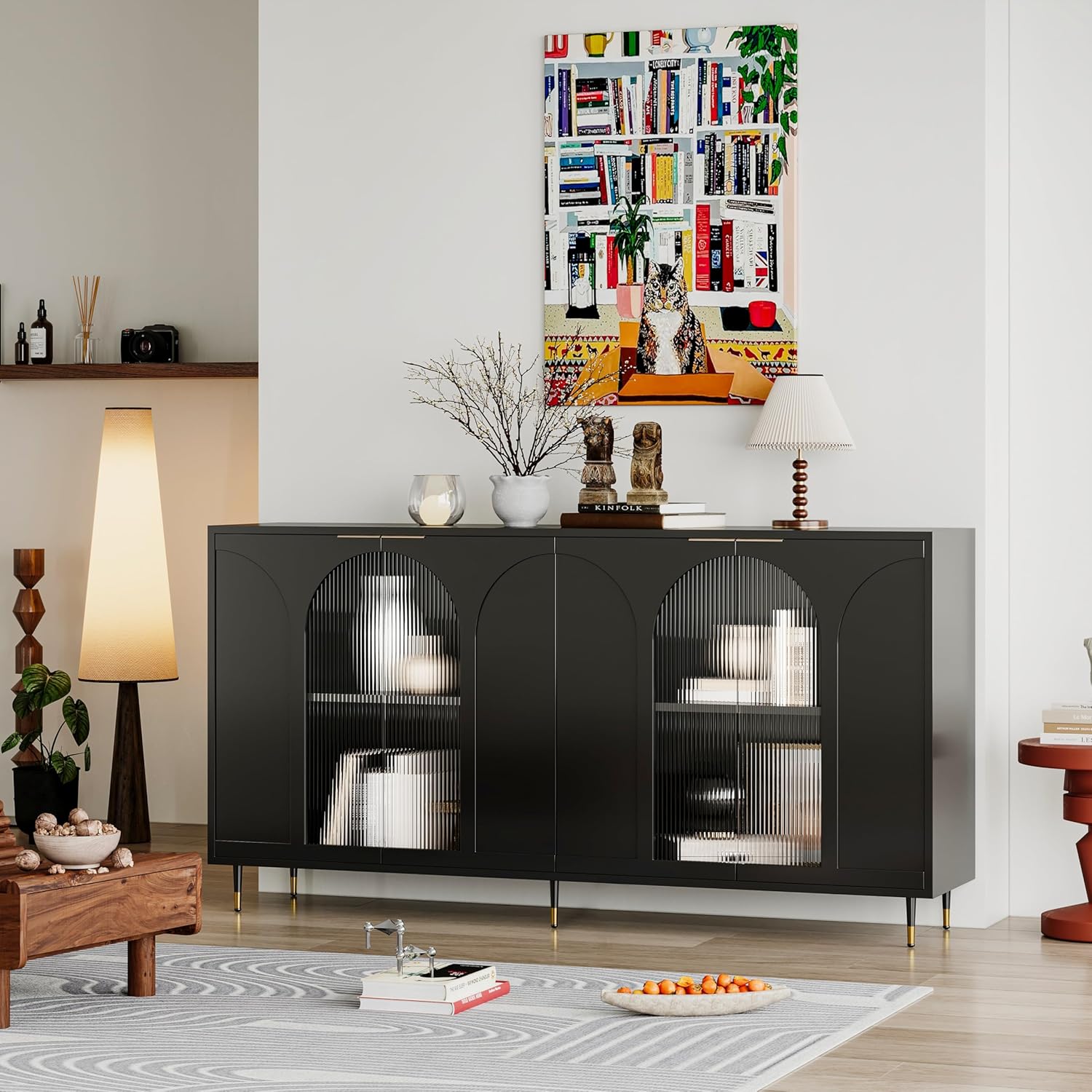 Buffet Cabinets with Lockers, Accent Lockers with Black Lacquered Wood and 4 Fluted Glass Doors, with Metal Legs, Modern Kitchen Sideboards, Used in Living Rooms,Entryway,Dining Rooms.