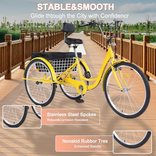 24/26 Inch Tricycle 7-Speed 3 Wheel Cruiser Adjustable Trike with Bell and Large Basket,for Recreation, Shopping, Picnics, Adult Man and Women (Black/Green/Red/Yellow)