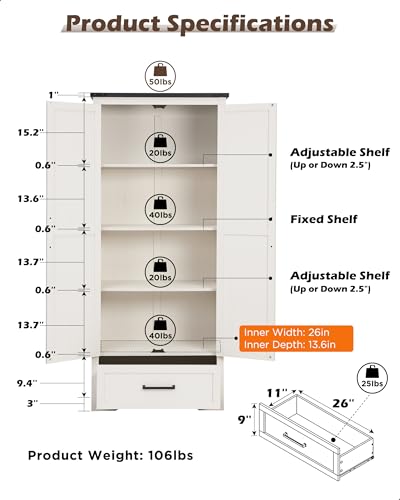 72" Tall Farmhouse Kitchen Pantry with Adjustable Shelves, Wood Rustic Storage Cabinet with Drawer & Barn Doors, Versatile Storage for Dining Room, Living Room, Bathroom, White