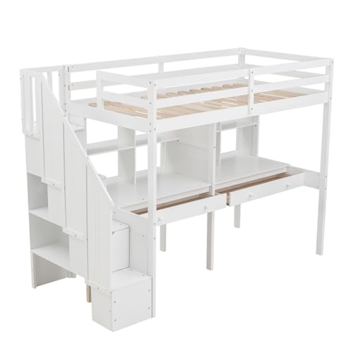 Harper & Bright Designs Twin Size Loft Bed with Stairs and Desks, Wood Loft Bed Frame with Storage Drawers, White