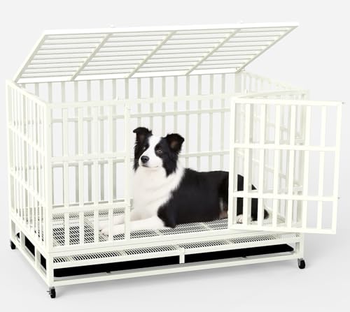 48 Inch Heavy Duty Indestructible Dog Crate Steel Escape Proof, Indoor Double Door High Anxiety Cage, Kennel with Wheels, Removable Tray, Extra Large XL XXL