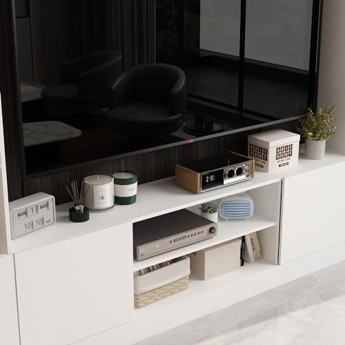 Entertainment Center with Bookshelves Modern Media Center with Open Shelves & Bridge TV Wall Unit with Doors, for Living Room White (81.1”W x 11.8”D x 70.9”H)