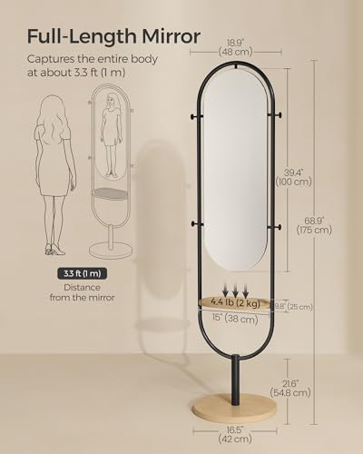 SONGMICS Full-Length Floor Mirror, 3-in-1, Modern Standing Full Body Mirror, Inspired by Original Award-Winning Design, 16.5 x 18.9 x 68.9 Inches, Living Room, Bedroom, Oak Beige and Ink Black