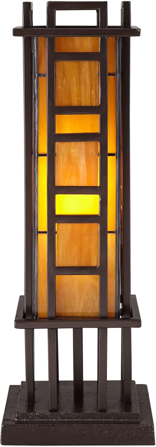 Robert Louis Tiffany Prairie Style Mission Rustic Pillar Accent Table Lamp Bronze Iron Column Hand-Cut Amber Stained Art Glass for Living Room Bedroom House Bedside Nightstand Home Office Family