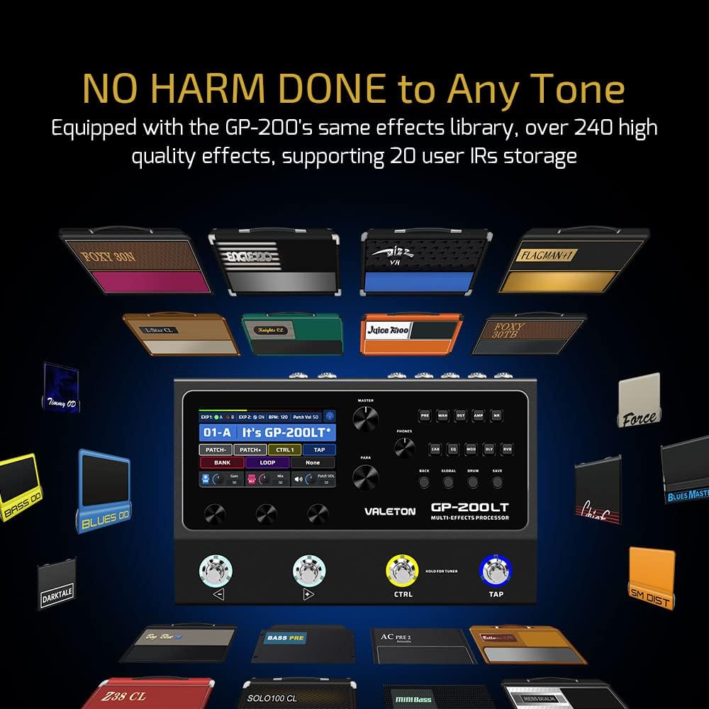 Valeton GP-200LT + 10 ft Cable Bundle Multi Effects Pedal Processor Guitar Bass Amp Modeling IR Cabinets Simulation Multi-Effects with FX Loop MIDI I/O Stereo OTG USB Audio Interface