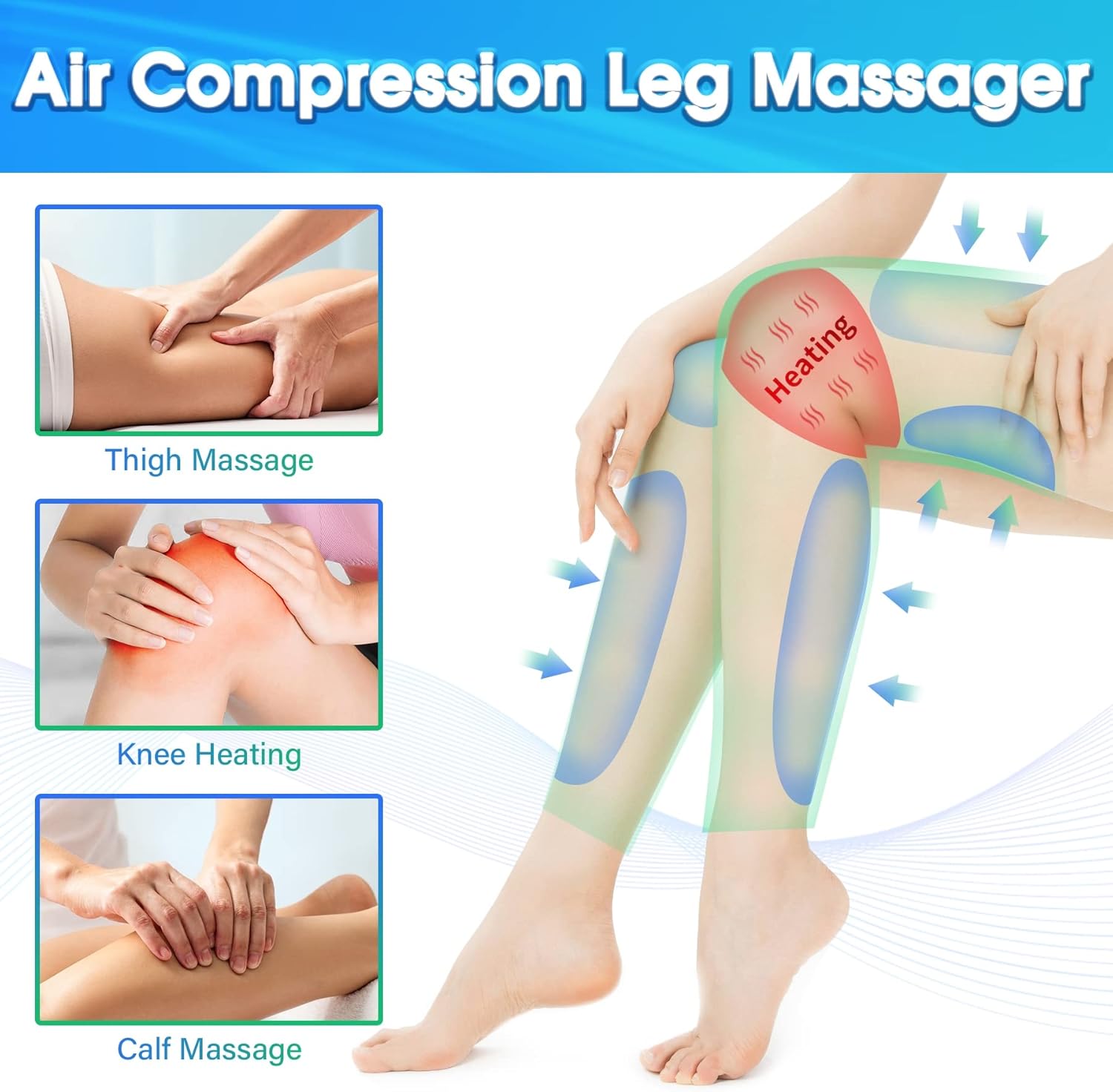 Cordless Leg-Massager for Circulation Air Compression Sequential Device for Muscles Relaxation Pain Relief, Rechargeable & Portable Calf Thigh Massage, Heat Function on Knees with 3 Modes 3 Intensity