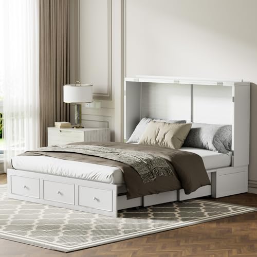 Mjkone Murphy Bed Cabinet with Tri-Folding Mattress, USB Charging Station & Storage Drawers, Multi-Purpose Guest Room Wall Bed, Space-Saving Murphy Cabinet Bed - Grey
