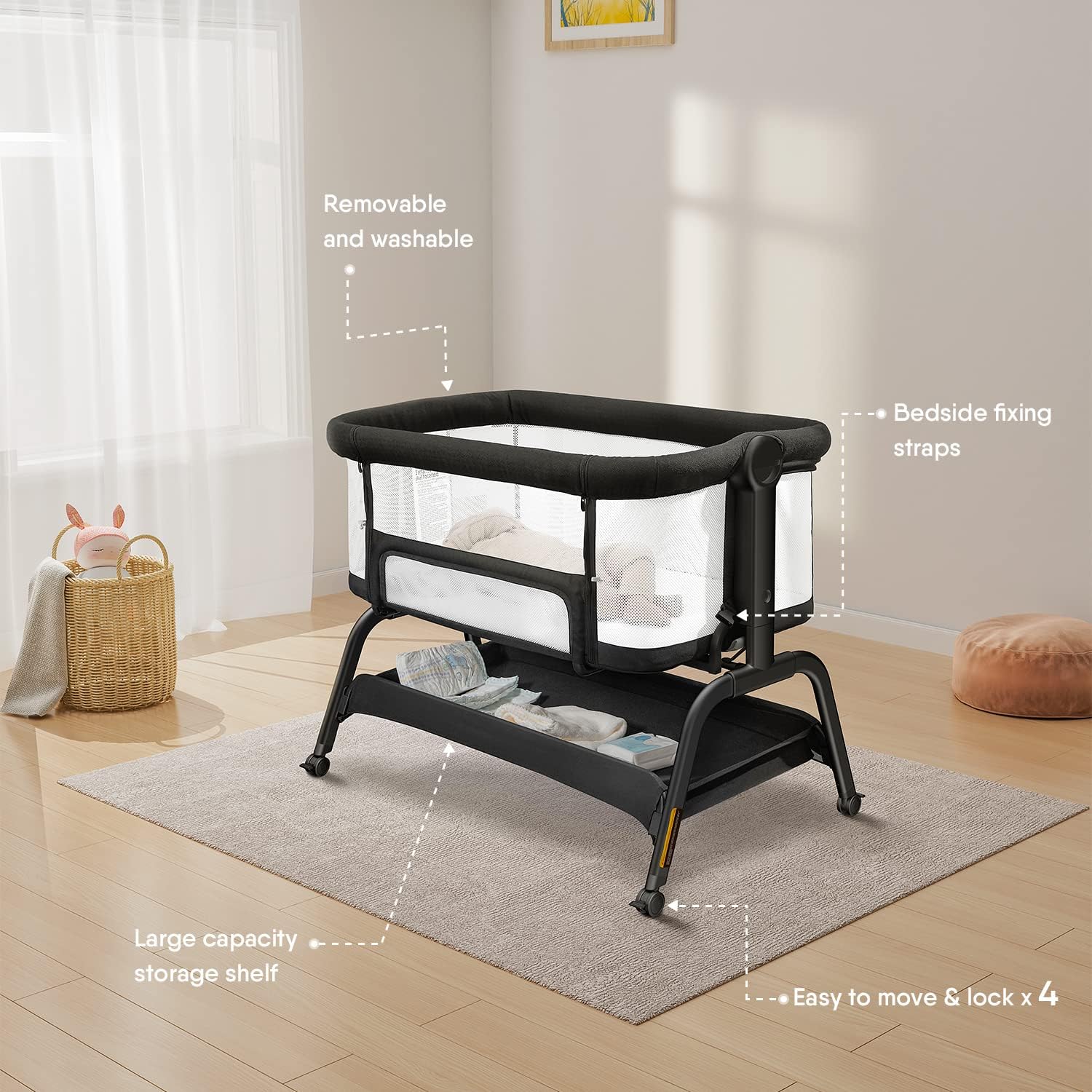 Baby Bassinet Bedside Crib, 3 in 1 Bassinet Bedside Sleeper with Soft Mattress and Breathable Sheet, 6 Height Adjustable Easy Folding Portable Bedside Bassinet for Newborn Infant