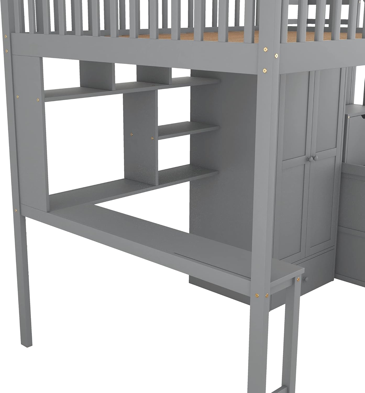 Harper & Bright Designs Full Size Loft Bed with Stairs, Desk, Bookshelf, Storage Drawers and Wardrobe, Solid Wood Loft Bed Frame for Kids Teens Adults (Gray)