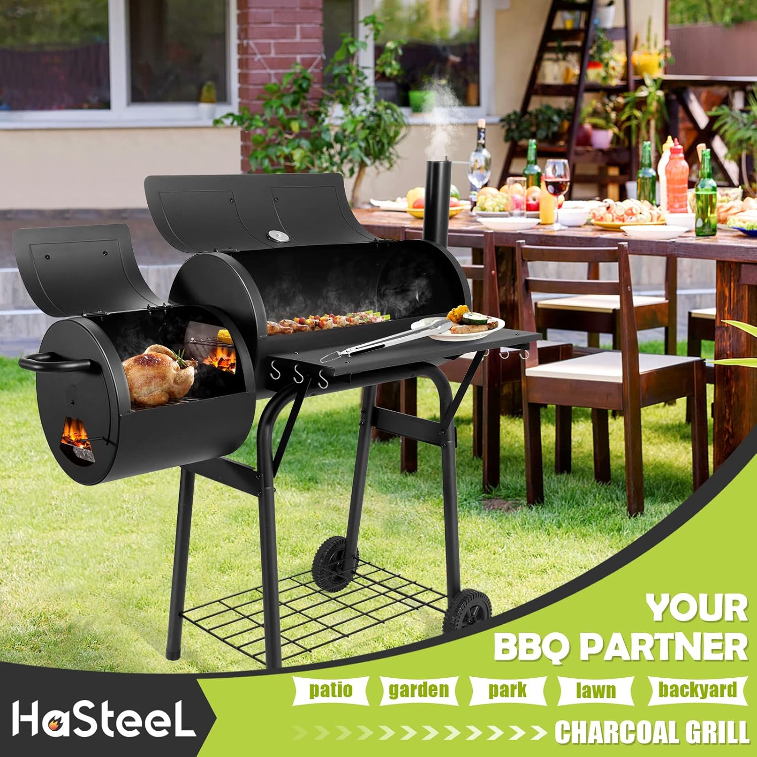 HaSteeL Charcoal Grill with Offset Smoker, Outdoor Barrel BBQ Grill, Camping Barbecue Grill for Patio Backyard Garden Party Picnic, Large 420.SQ.IN Cooking Area, 2 Screwdrivers & 6 Hooks - Black