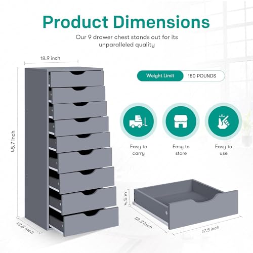 Naomi Home 9 Drawer Chest, Wood Storage Dresser Cabinet without Wheels, Large Craft Storage Organizer Makeup Drawer Unit for Closet, Bedroom, Office File Cabinet 200 lbs Total Capacity Black