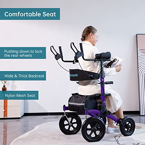 ELENKER All-Terrain Upright Rollator Walker, Stand Up Rolling Walker with Non-Pneumatic Tire 12” Front Wheels, Compact Folding for Seniors, Champagne