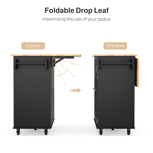Ahomly Kitchen Island with Storage, Island Table for Kitchen with Drop Leaf, 5 Wheels, Interal Storage Rack, a Drawer, Spicy Rack and Towel Bar, Sufficient Countertop Space and Storage, White