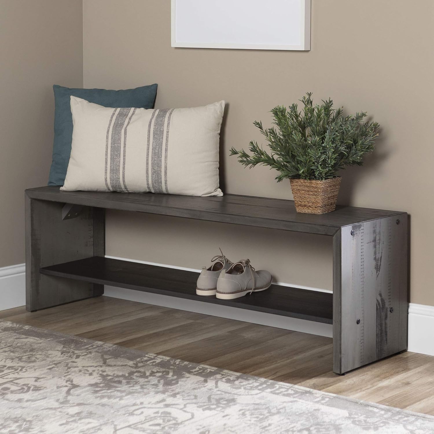 Walker Edison Meier Contemporary 2 Tier Asymmetrical Solid Wood TV Stand for TVs up to 50 Inches, 60 Inch, Grey
