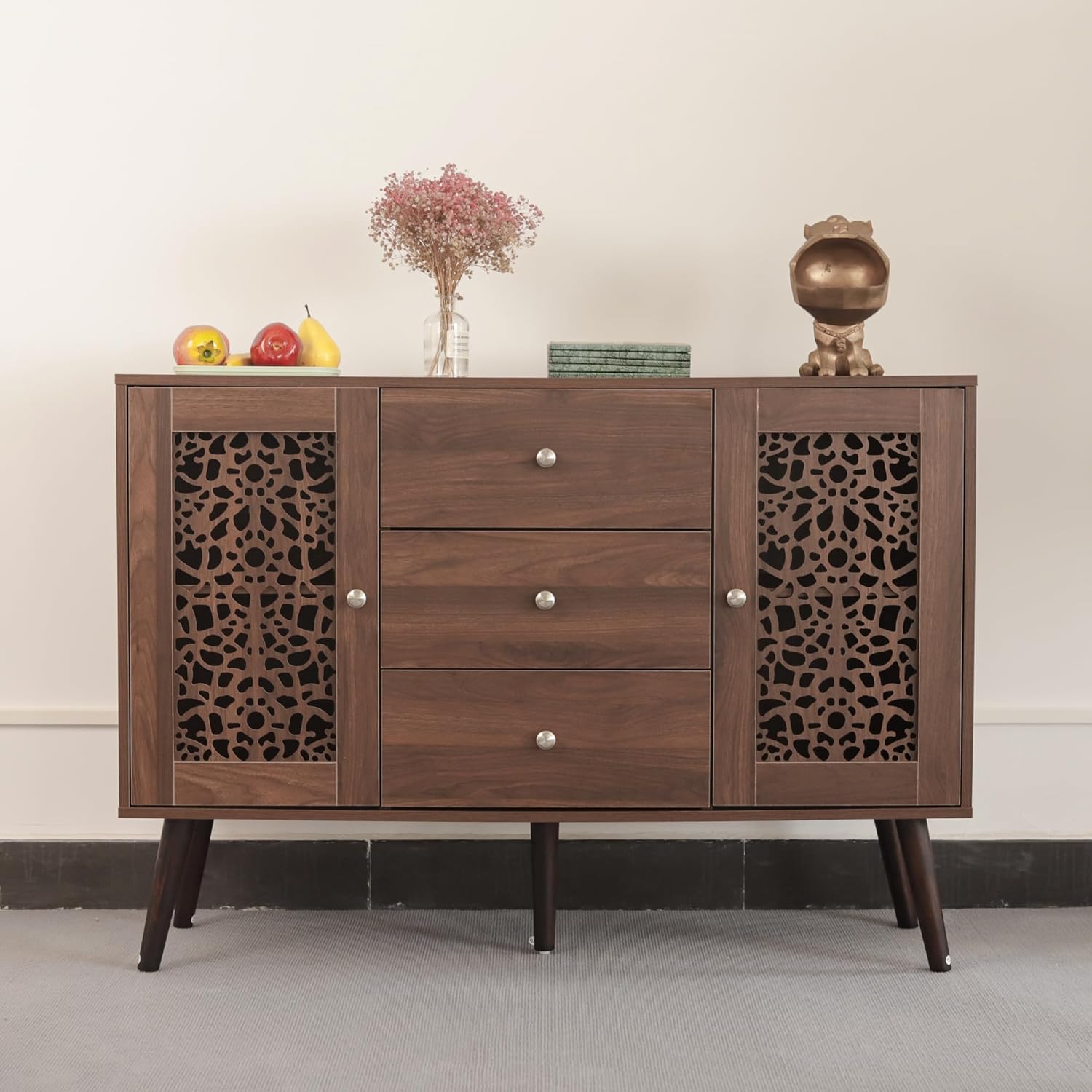 Hollow-Carved Accent Cabinet,Wood Coffee Bar Cabinet with 3 Drawers & 2 Doors, Adjustable Shelf,Retro Sideboard Buffet Cabinet for Dinning Room,Kitchen,Hallway,and Living Room