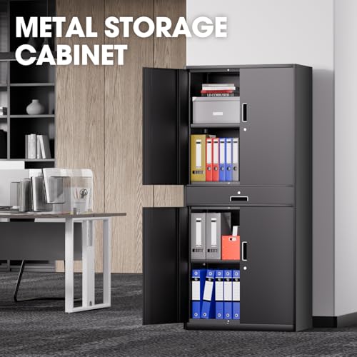 DNA MOTORING 71'' Metal Storage Cabinet, Locking Tool Cabinet with 1 Drawer and Adjustable Shelves, Lockable Heavy Duty Metal Locker for Garage,Office,Home,Gym, Gray, TOOLS-00629-GY-GY-A