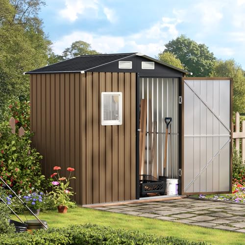 10X12X7.5 FT Outdoor Steel Storage Shed with Lockable Doors, 2 Windows, Transparent Roof Panels (Wood Panels & Frame Floor Not Included), Ideal for Patio Storage,Garbage Can, Chicken Coop，Brown