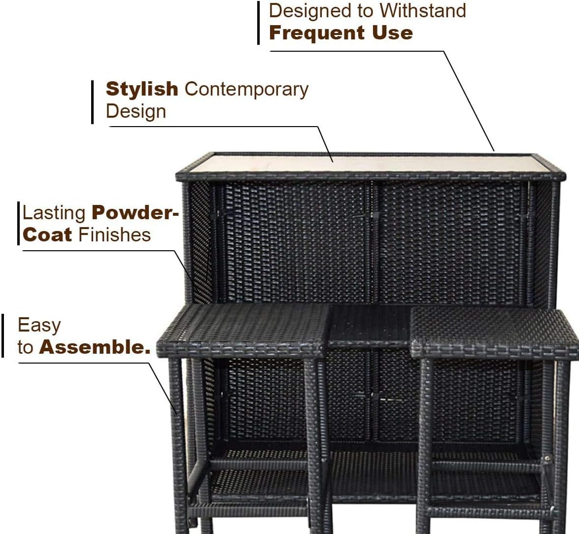 MCombo Patio Bar Set,Wicker Outdoor Table and 2 Stools,3 Piece Patio Furniture with Storage for Poolside,Backyard,Garden,Porches 6085-1201BK
