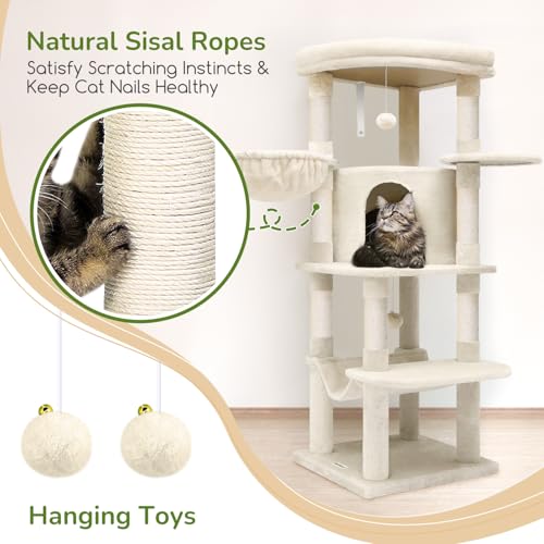 Globlazer Corner Cat Tree for Large Cats, 66inch Tall Curved Series Large Cat Tower for Multiple Indoor Cats with 6 Scratching Posts, 2 Spacious Cat Condos, Hammock, Hanging Basket, C66, Beige