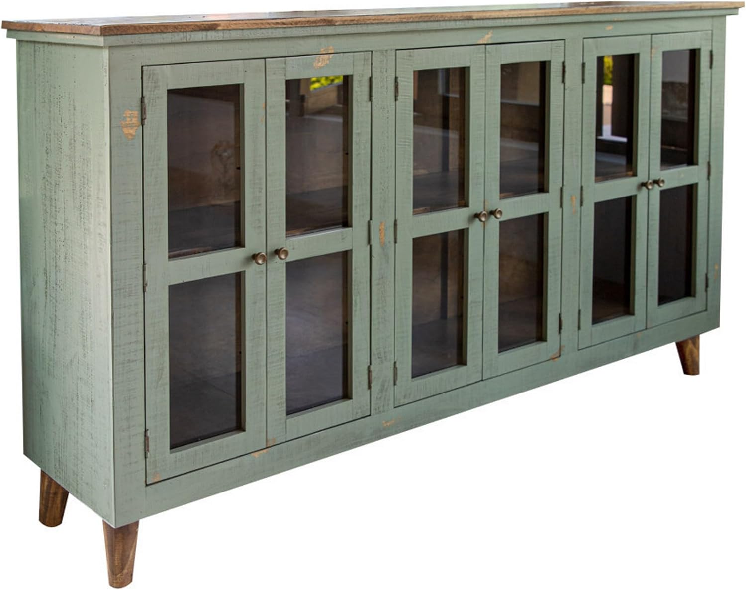 Benjara Lina 72 Inch Sideboard Buffet Cabinet, 3 Glass Doors, Sage Green, Pine