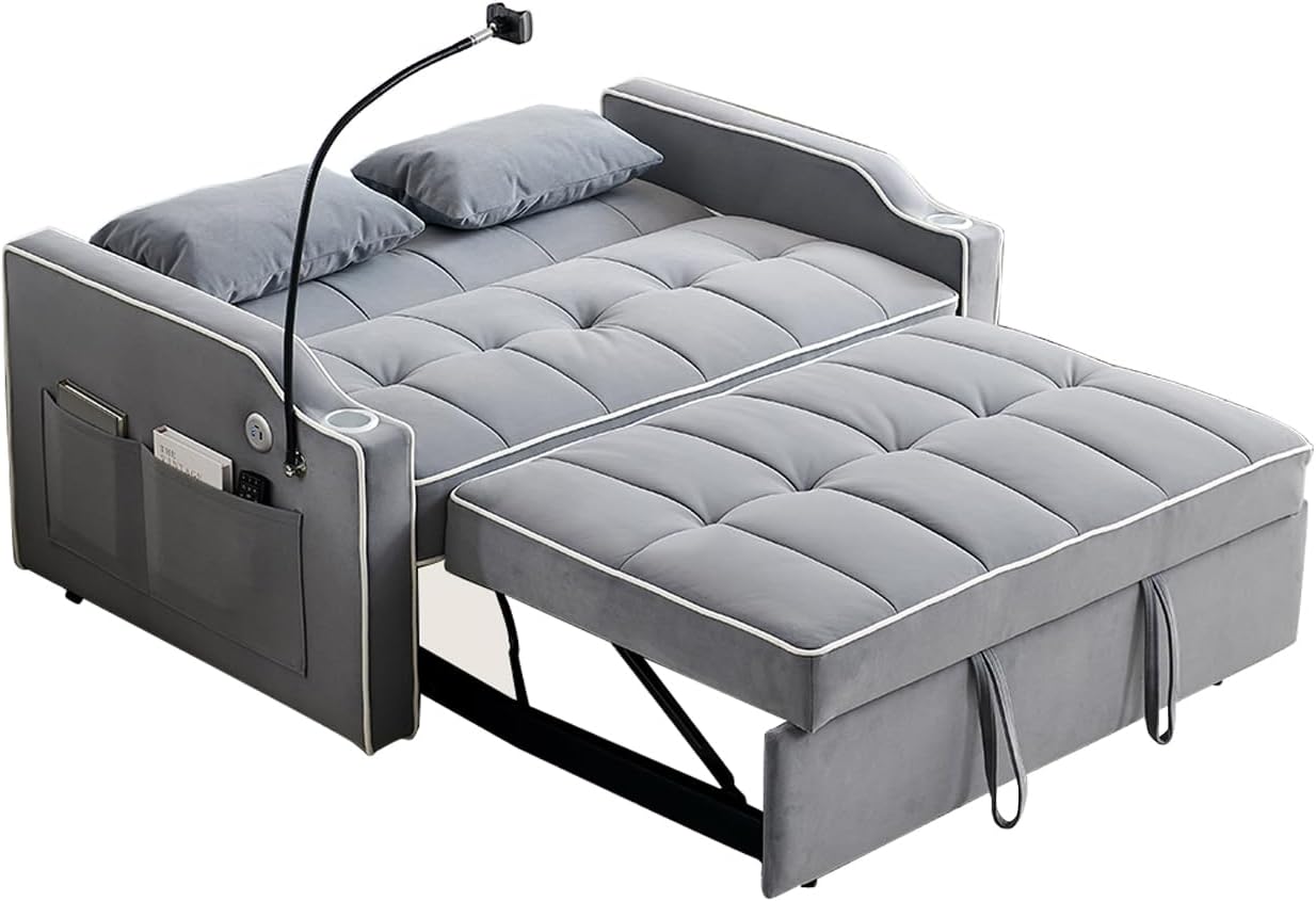 3 in 1 Convertible Sleeper Sofa Couch Bed, Velvet Tufted Loveseat Futon Sofa w USB&Type C Port/Pull Out Bed, Adjustable Backrest,Multi-Pockets for Living Room Apartment Small Space