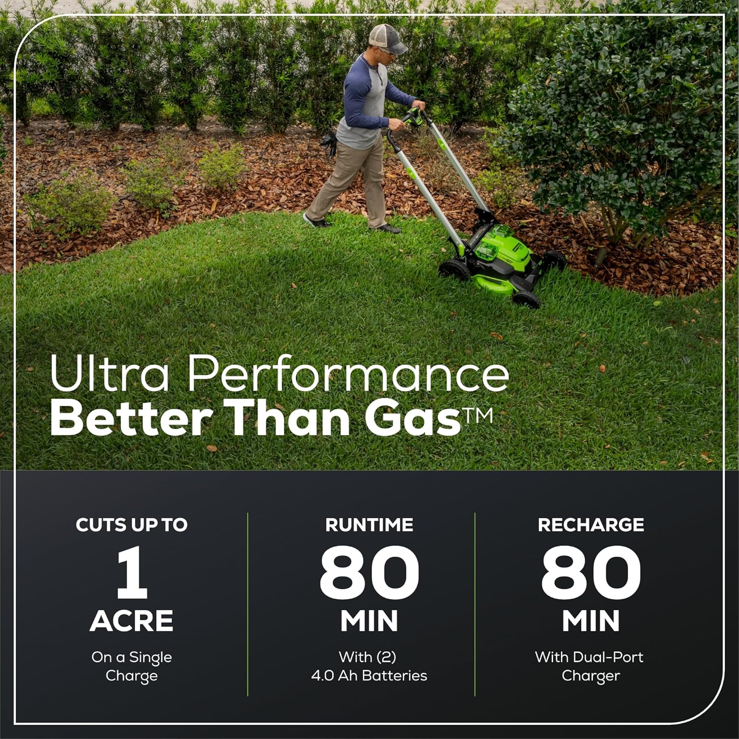 Greenworks 60V 25” Cordless (Self-Propelled) Lawn Mower (LED Lights + Aluminum Handles), 2 x 4.0Ah Batteries and Dual Port Rapid Charger