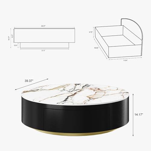 POVISON Modern Round Coffee Table with Storage, Sintered Stone Top Drum Coffee Table with Drawers, Oak Veneer, Circle Coffee Tables for Living Room, 35.43", Fully Assembled