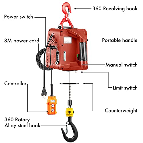 3 in 1 Electric Hoist Winch, 1100LBS Portable Hoist Lift Crane 16FT/MIN 110 Volt Winch with Remote Control Electric Winch, 110V 500W with Overload Control